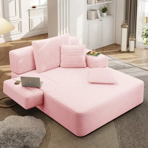 Luxury Plush Corduroy Convertible Sofa Bed, Oversized Chaise Lounge with 3 Pillows & Storage Pocket, Frameless Compression Foam Design for Small Spaces, No Assembly Required Sleeper Chair for Living Room, Apartment