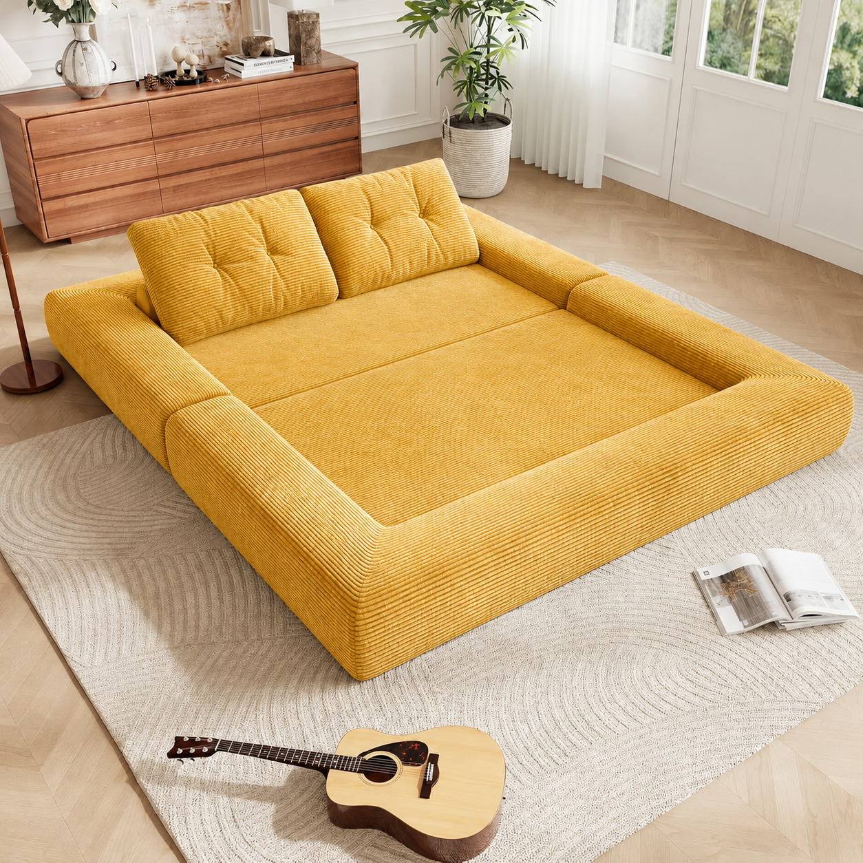3-in-1 Convertible Sleeper Sofa Bed, Corduroy Folding Couch with Pillows, No Assembly Boneless Sofa