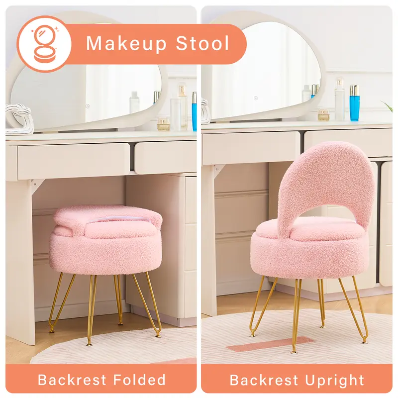 Small Teddy Velvet Vanity Chair - Multifunctional Storage Ottoman Stool with Folding Back, Reading Chair, Upholstered Design, 4 Metal Anti-Slip Legs for Bedroom, Living Room