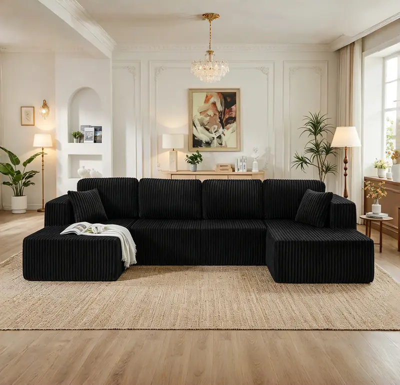 Niccae 132-Inch U-Shaped Memory Foam Sectional Sofa — An oversized modular design offering "cloud-like" comfort; features deep seating and compressed corduroy fabric, combining space-saving capabilities with a convertible sleeper function.