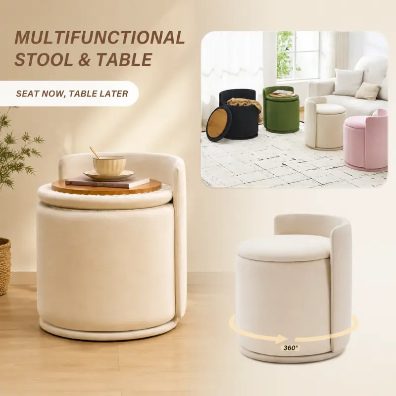 360° Swivel Upholstered Multifunctional Vanity Stool - Cloud-Soft Velvet Ottoman with Storage, Movable Footstool with Storage, Space-Saving Living Room Furniture for Bedroom Vanity Routines