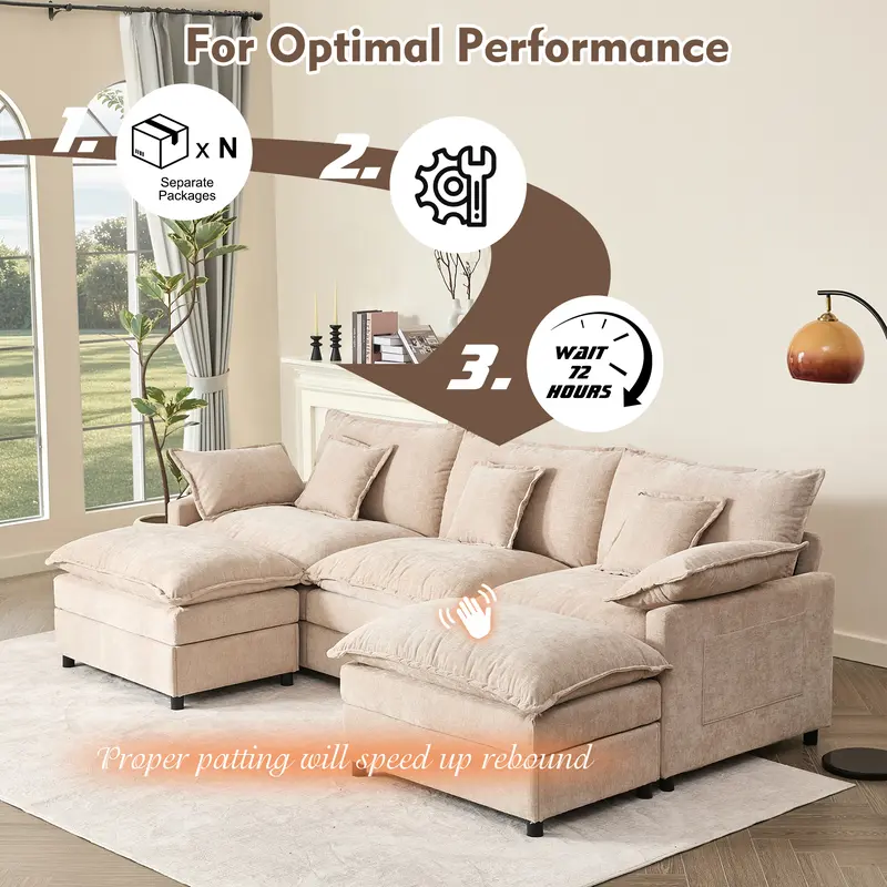 108" U-Shaped Modular Cloud Sofa with 2 Ottomans – Deep Seat Chenille Sectional Couch