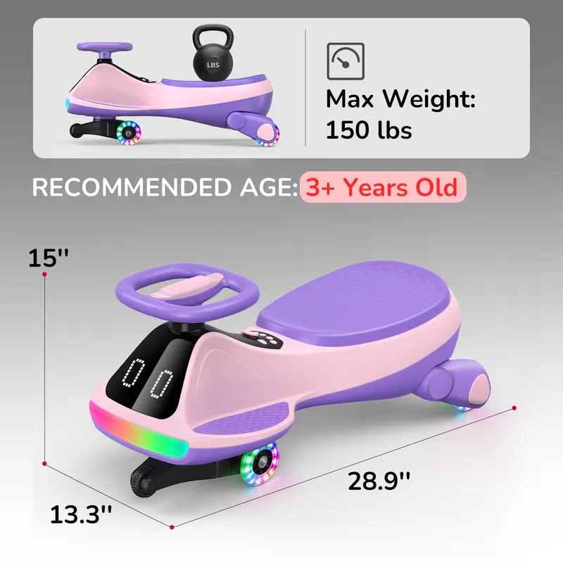 Umatoll Premium 12V Electric Wiggle Car with Digital Display Screen, Pedal & RGBIC LED Lights, Bluetooth Music Ride on Toys, Twist Car, Birthday Gifts， Adjustable Lighting Screen, #DealsForYouDays