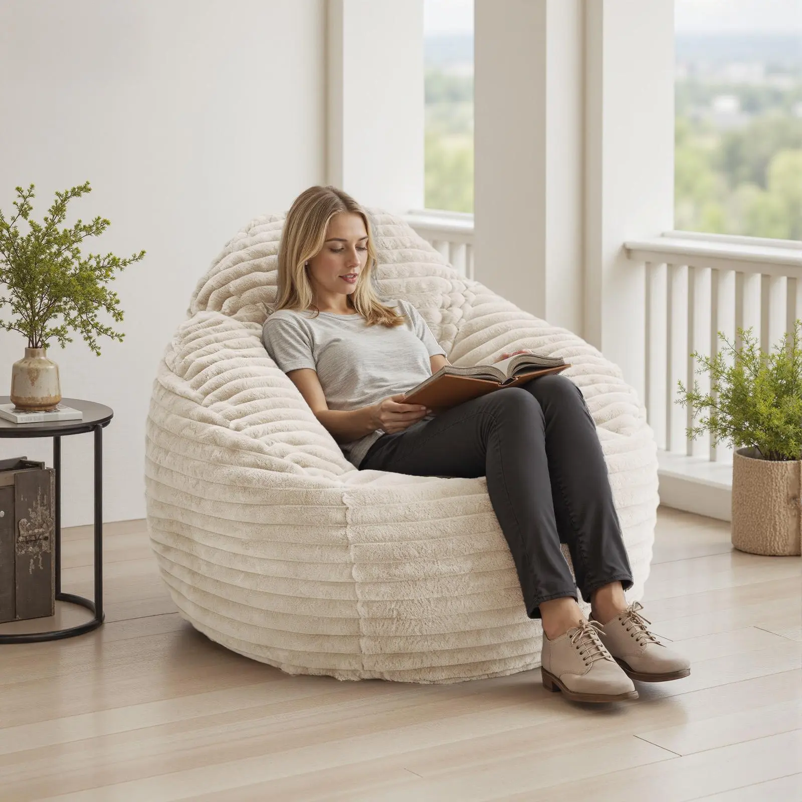 Bean Bag Chair 39 Inch Memory Foam Rounded Sofa with Backrest Beige and Black
