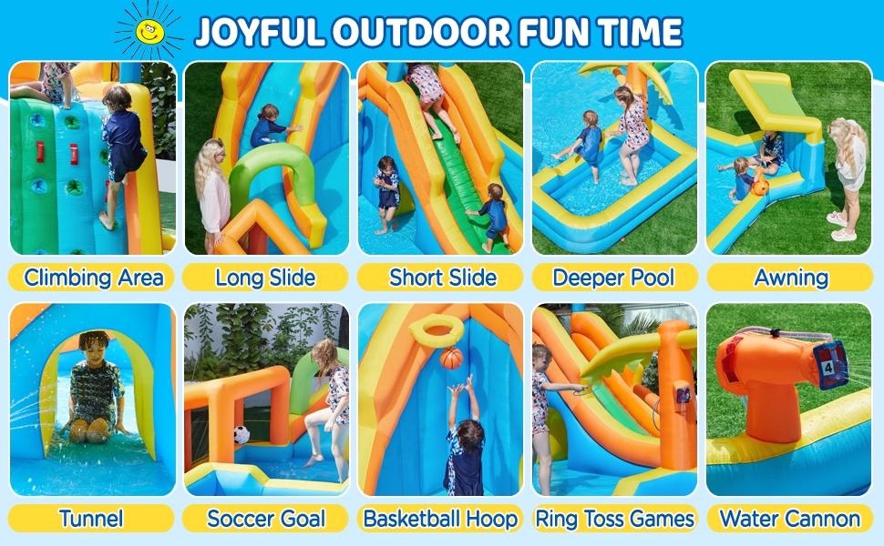 【Beautyhackher Exclusive】Yaheetech Inflatable Water Slide w/ 2 Long Slides & Large Climbing Wall & Small Deeper Pool & Awning for Kids Aged 3 to 10, Outdoor Water Slide w/Storage Bag & 950W Blower