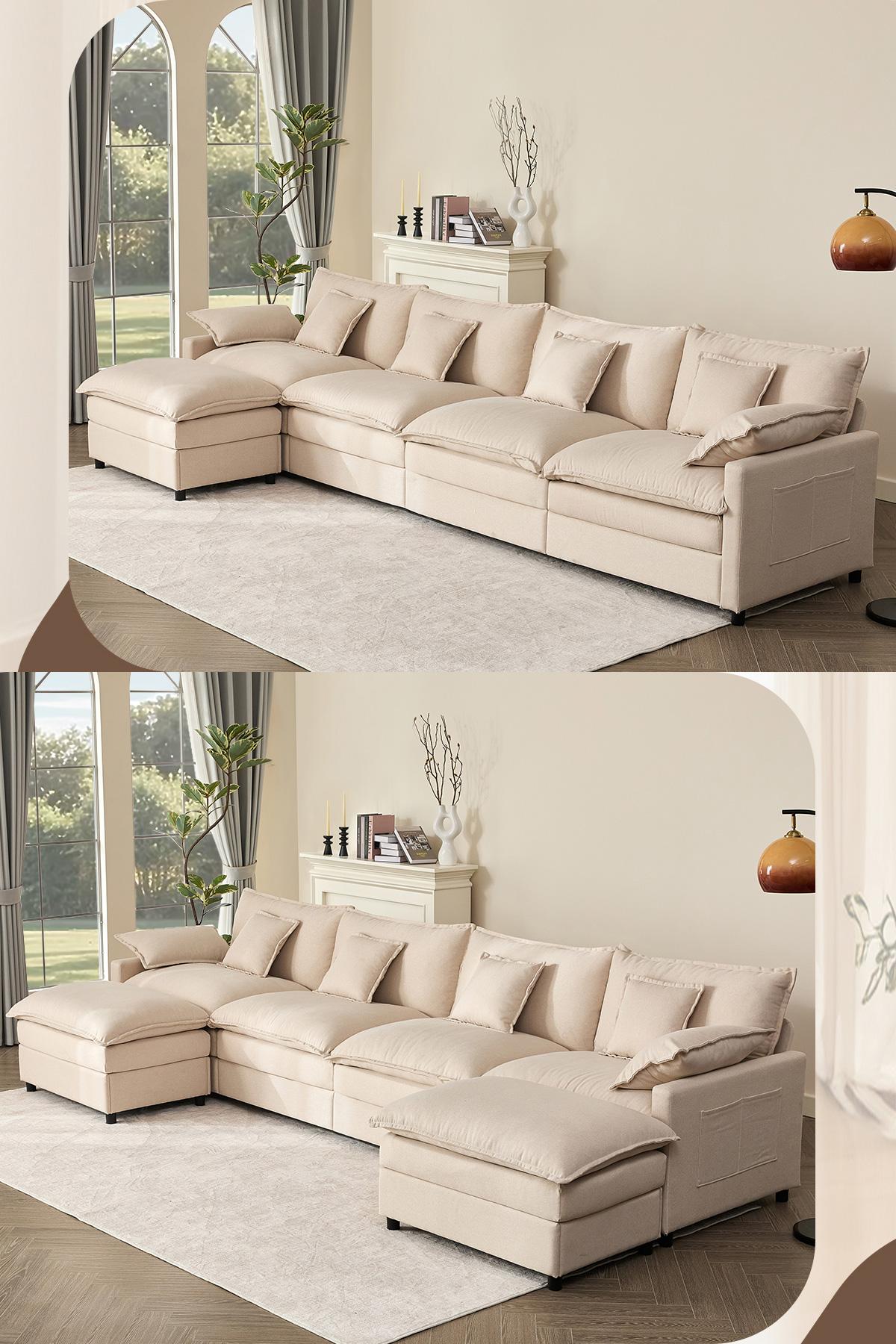 DealsforYouDays【2 Packages Shipping】GOSUHI 108" U-Shaped Modular Sectional Sofa - Comfy Cloud 3-Seater with 2 Movable Ottoman, Cloud Sofa,Deep Seat Linen Couch for Living Room, Beige Color ,Comfort & Stylish Design,Chenille pink