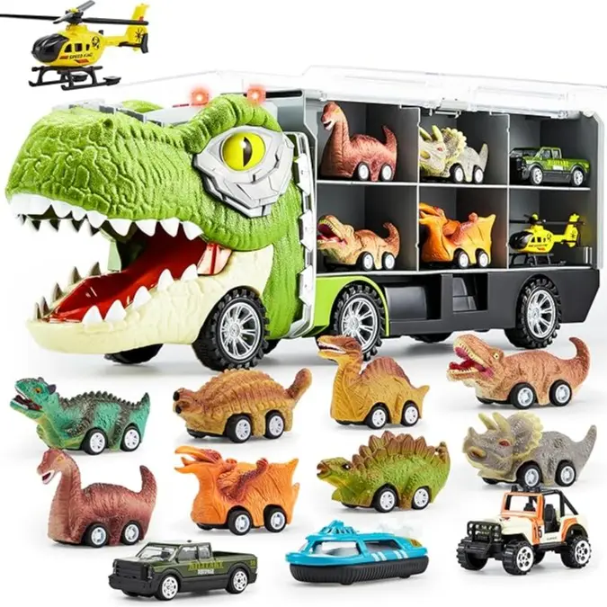 JOYIN 17inch 13 in 1 Dinosaur Transport Carrier Truck Set with 12 Pull Back Cars & 3 Die-cast Vehicles for Kids 3+ Year Old Boys Tyrannosaurus Truck & Triceratops Truck