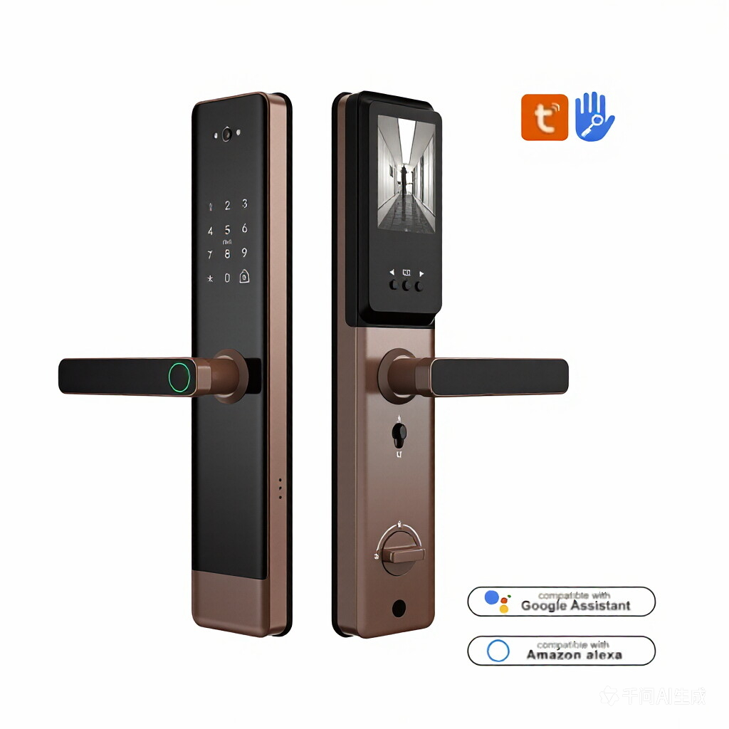 Cat-eye visual fingerprint lock with camera for remote home security, wooden door graffiti smart lock