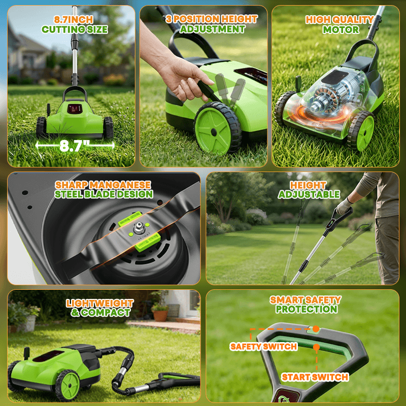 8.7-Inch Small Electric Lawn Mower for Yards & Gardens