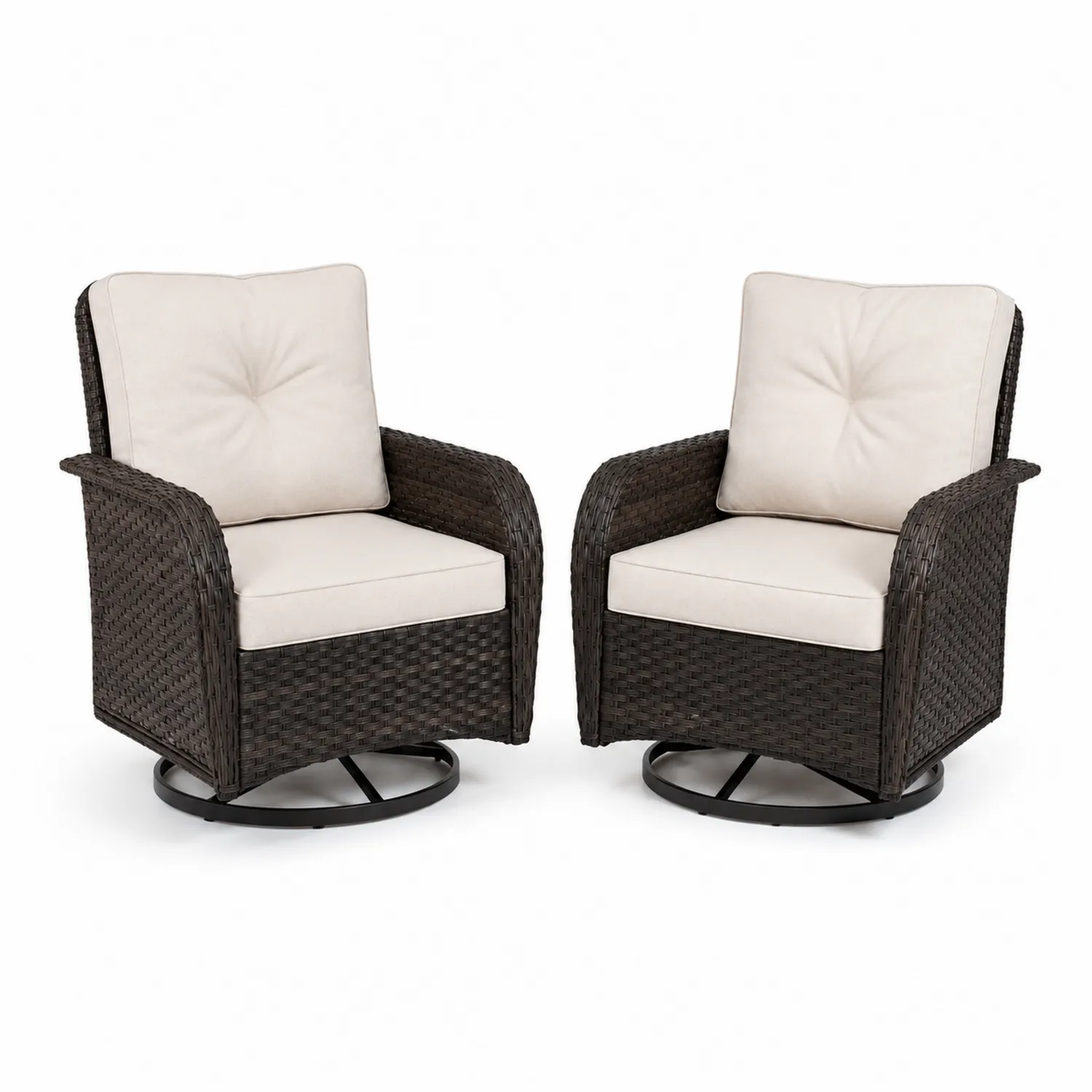 Set di 2 Poltrone Girevoli in Rattan con Cuscini Beige-Veltrivoqor