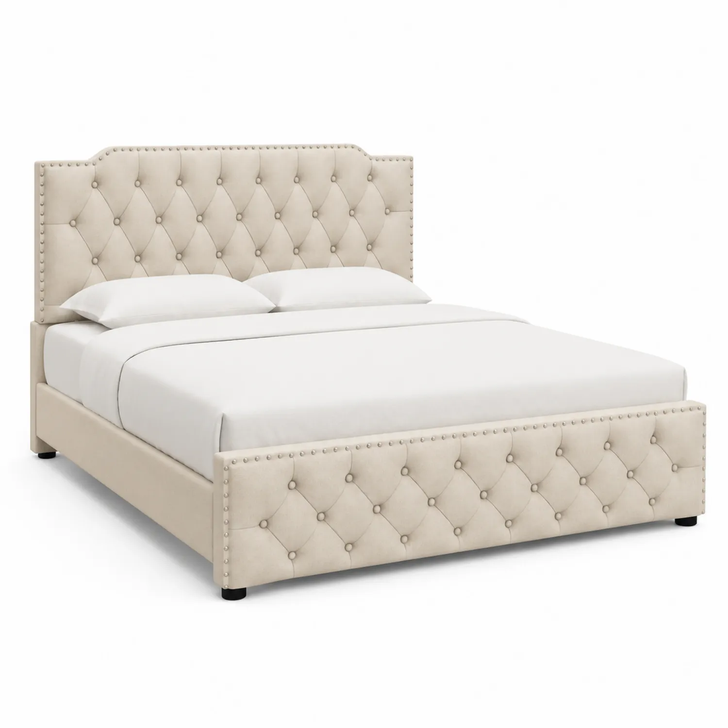 Letto matrimoniale in legno e pelle sintetica beige con testiera trapuntata-Veltrivoqor
