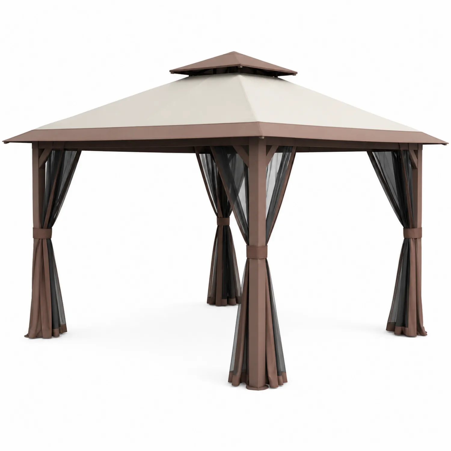 Gazebo da Giardino in Acciaio e Poliestere con Tende Marroni e Bianche-Veltrivoqor
