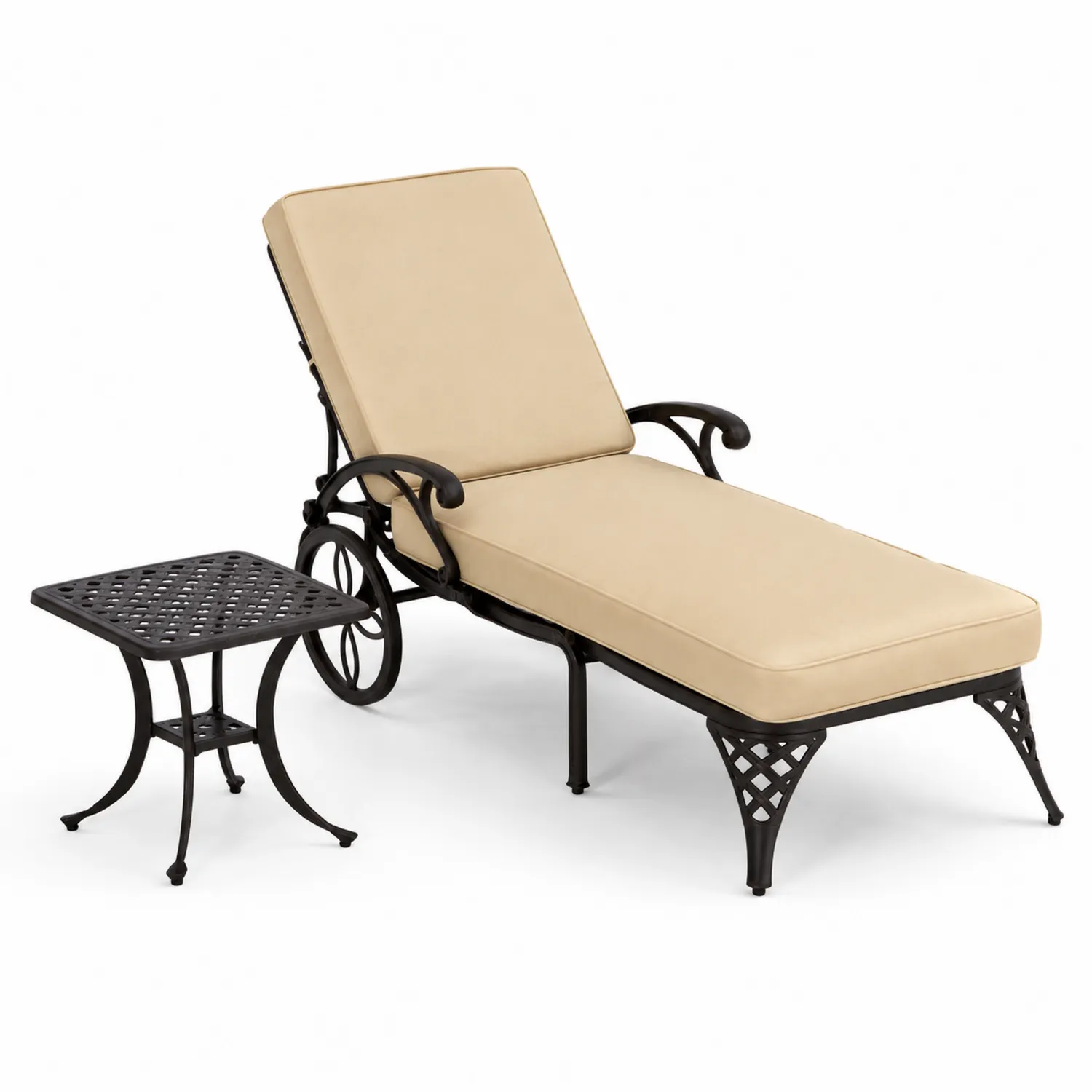 Lettino Prendisole in Alluminio con Cuscini in Poliestere Beige e Tavolino-Veltrivoqor
