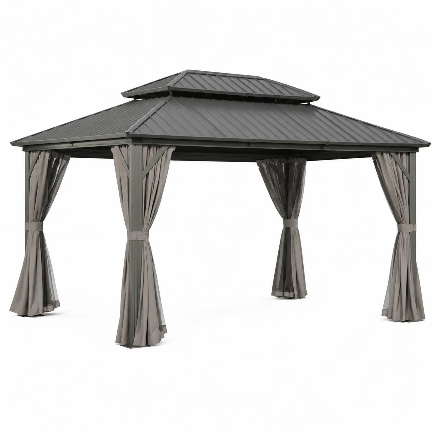 Gazebo in Alluminio con Tetto Metallico e Tendaggi in Tessuto Grigio 3x3m-Veltrivoqor