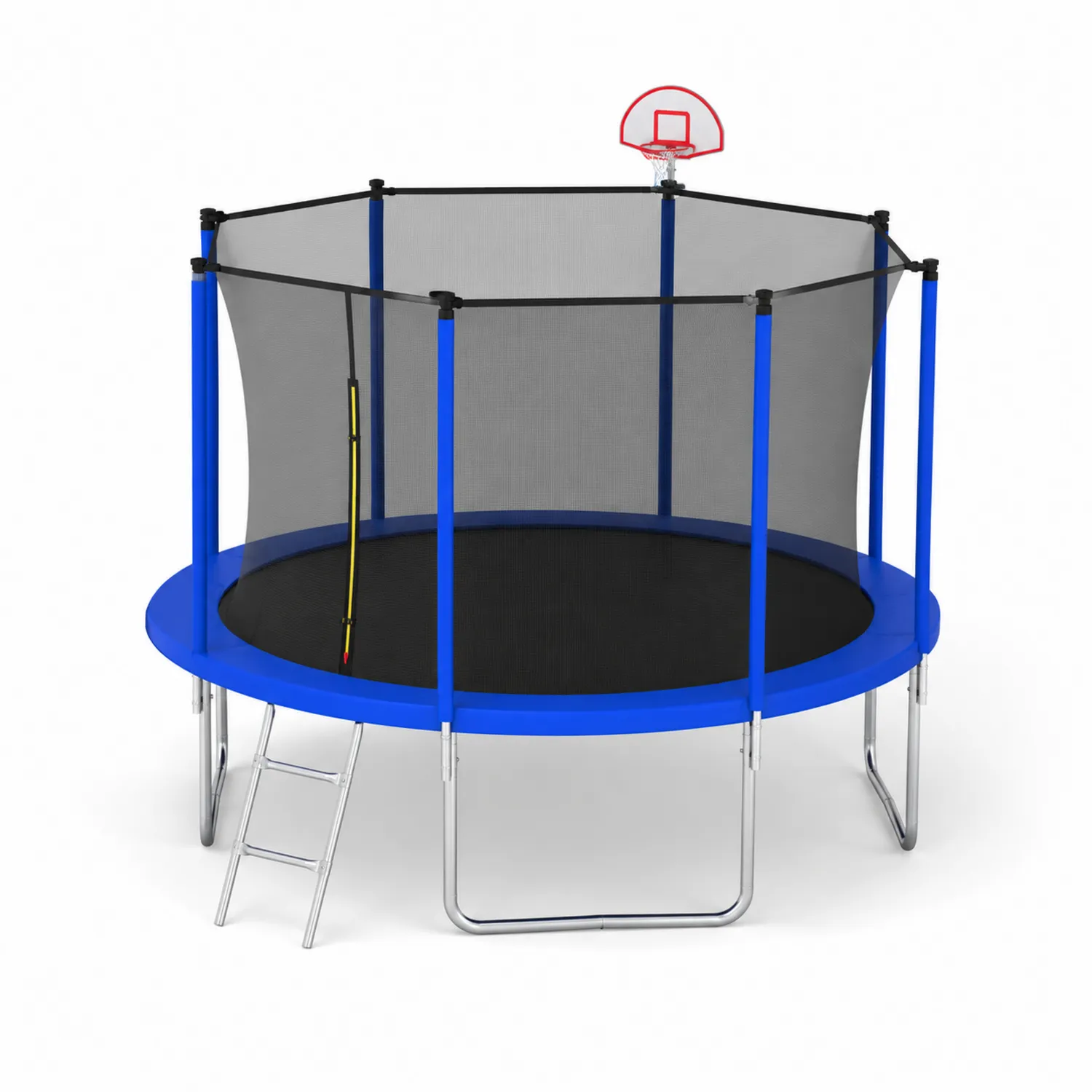 Trampolino rotondo con rete di sicurezza e canestro da basket, acciaio zincato, Blu-Veltrivoqor