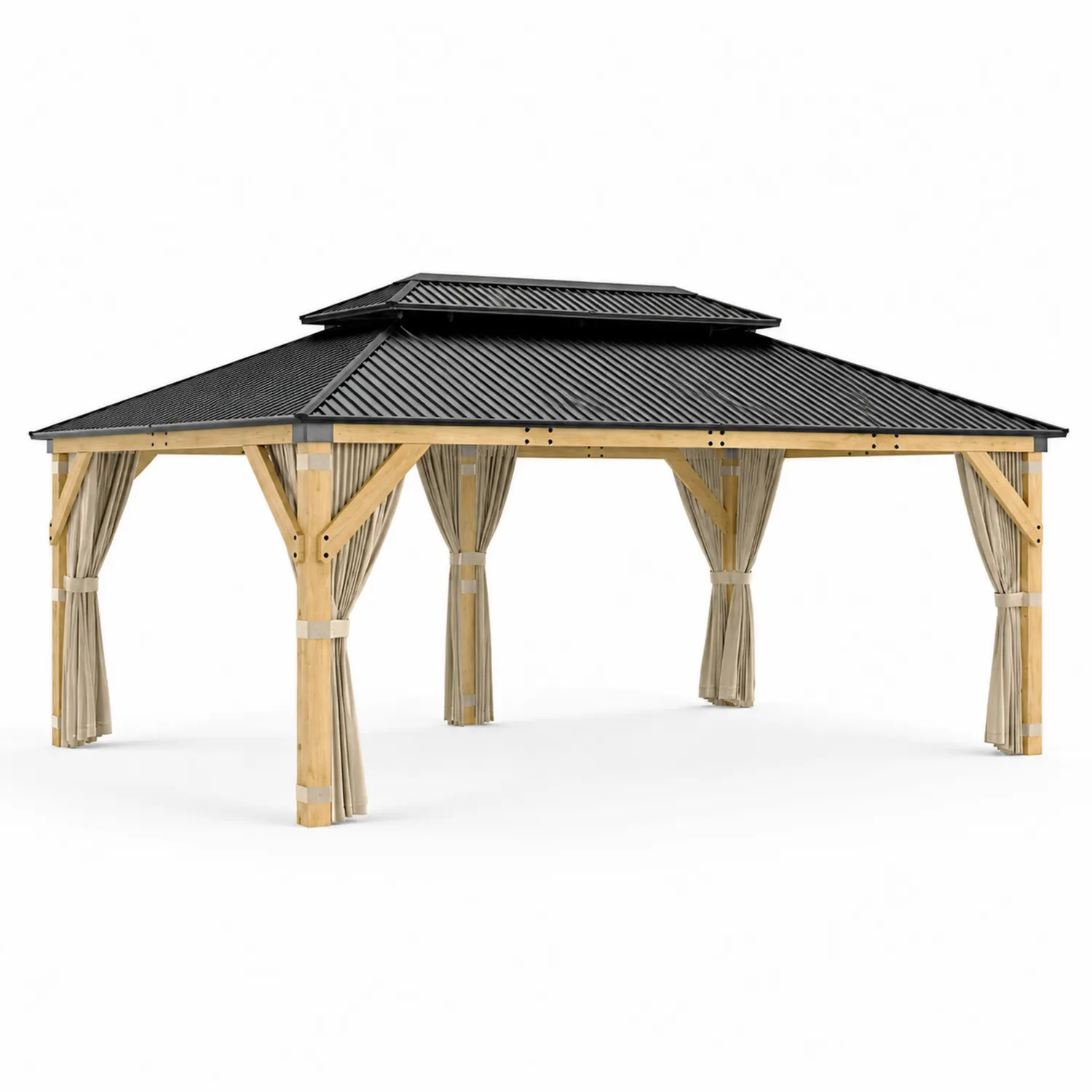 Gazebo in Legno con Tetto in Metallo e Tende in Poliestere-Veltrivoqor