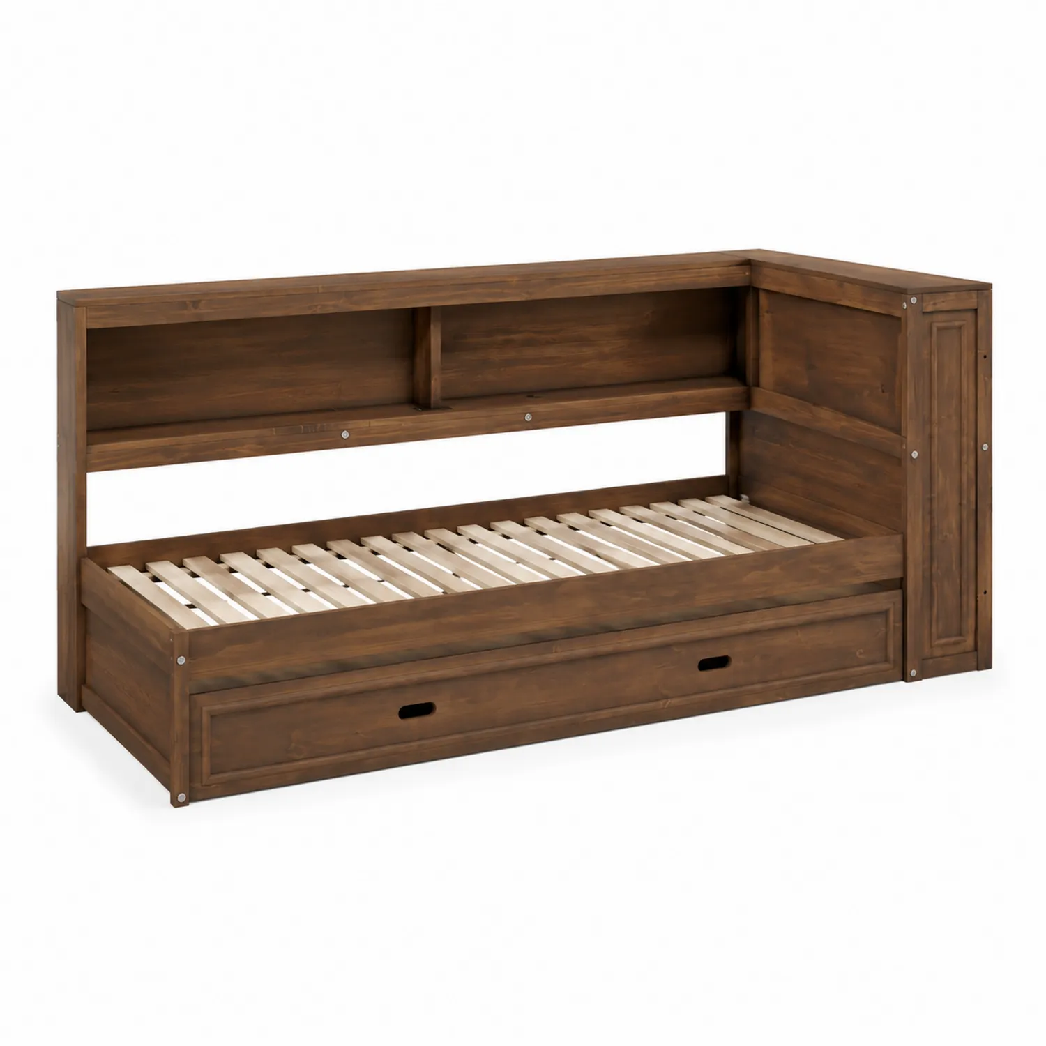 Letto singolo in legno di pino con libreria e cassetto-Veltrivoqor