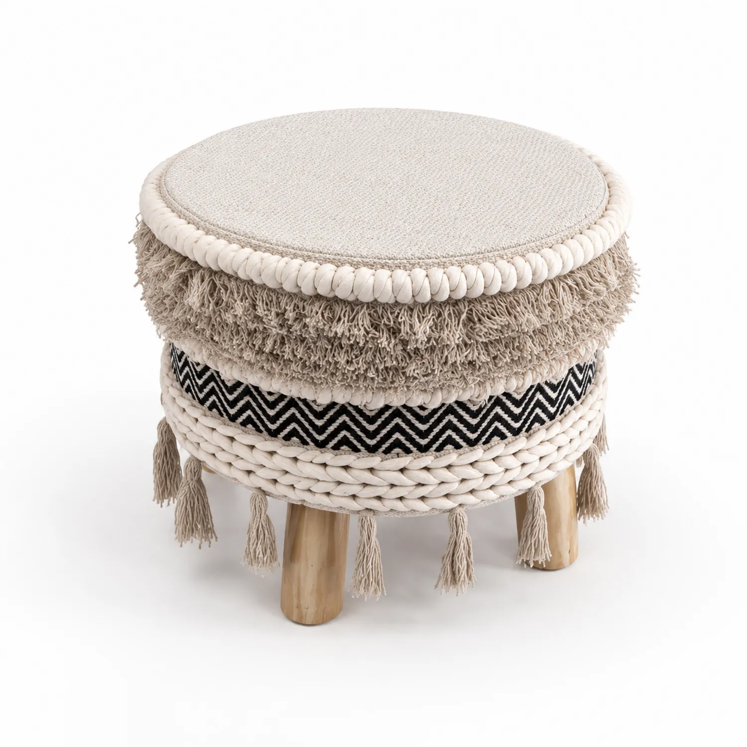 Pouf rotondo in legno e tessuto beige 40cm-Veltrivoqor