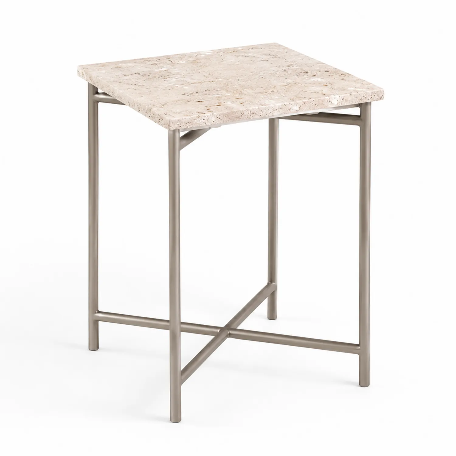 Tavolino laterale quadrato in marmo travertino e metallo 45x45x55 cm Beige-Veltrivoqor