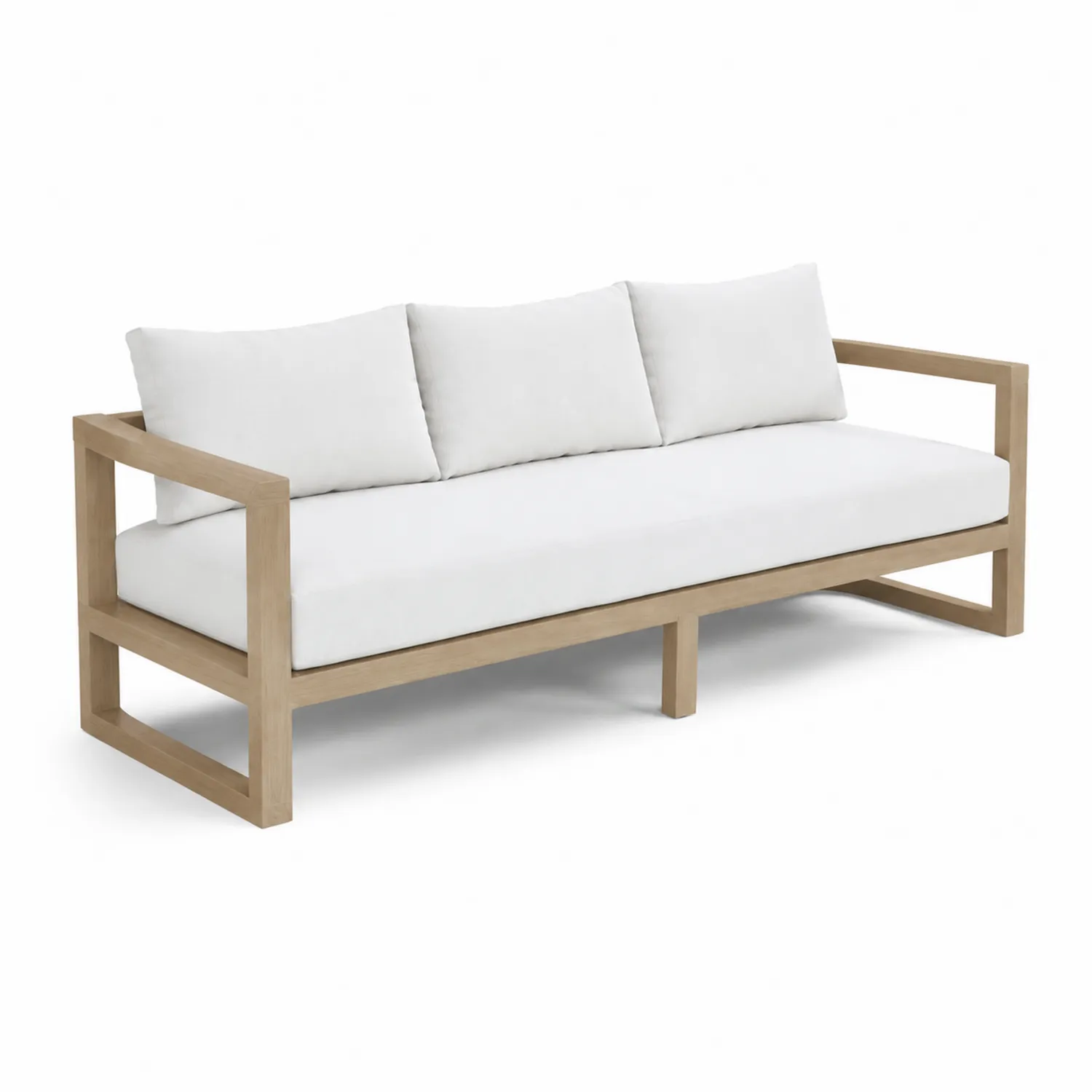 Divano da giardino in legno con cuscini bianchi-Veltrivoqor