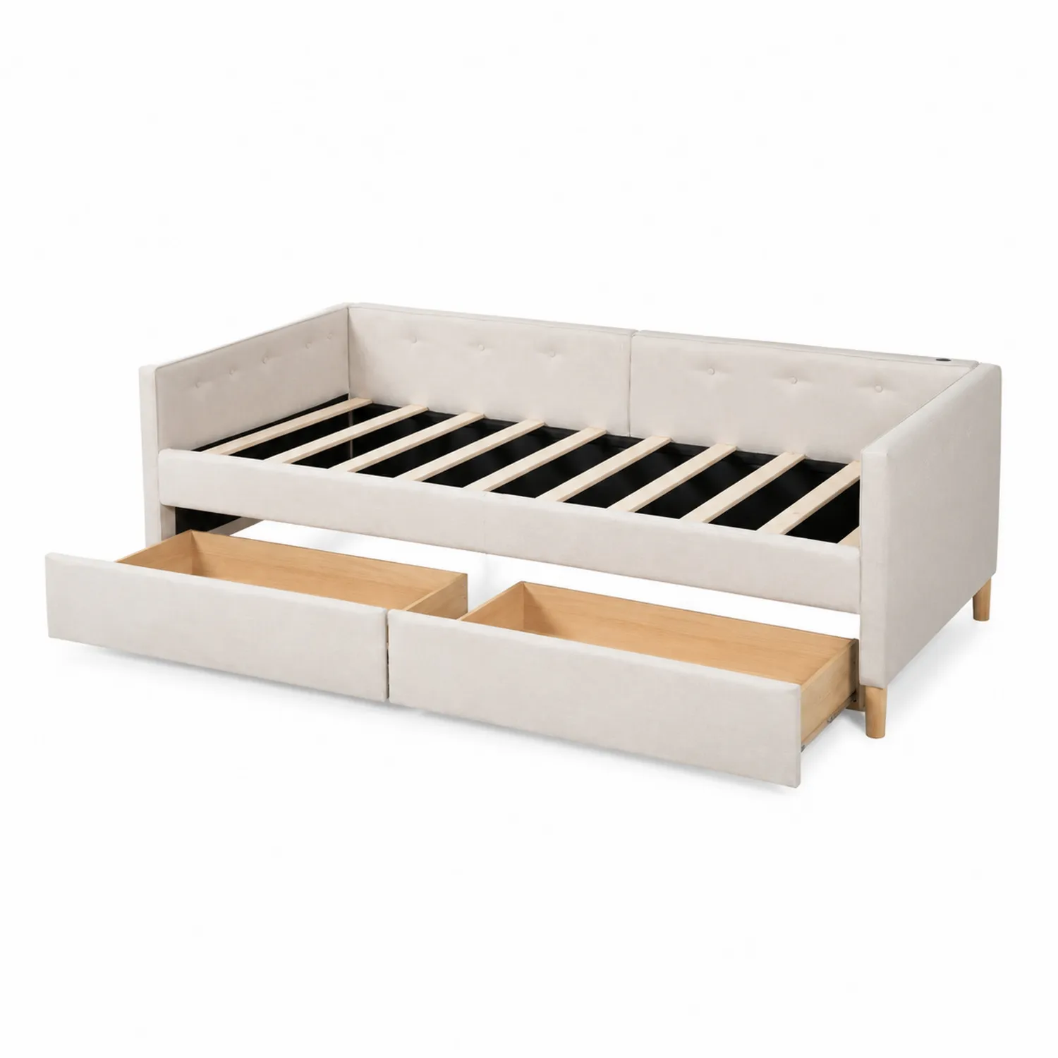 Letto singolo con cassetti in tessuto Beige-Veltrivoqor