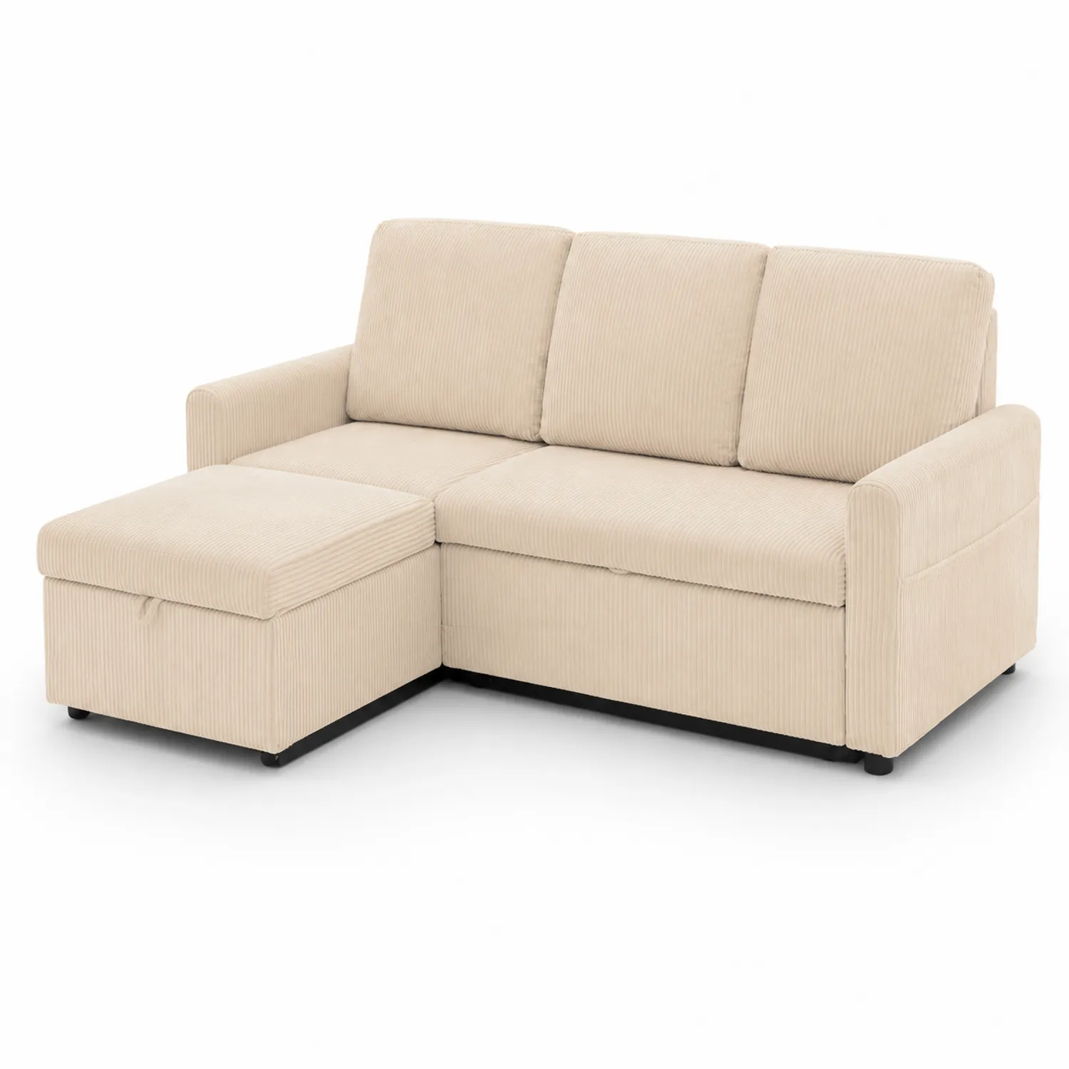 Divano angolare letto 3 posti in tessuto a coste beige-Veltrivoqor