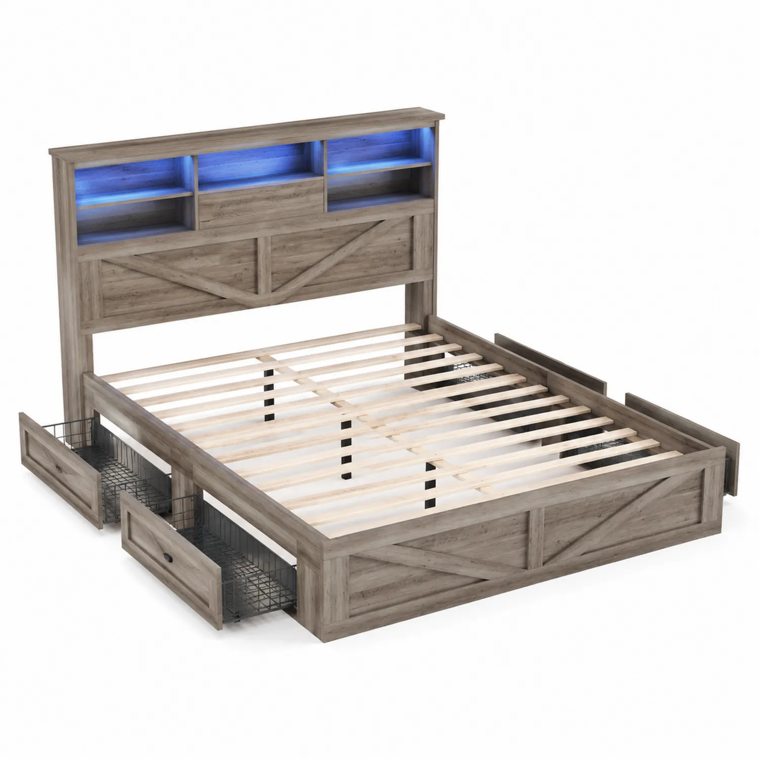 Letto matrimoniale in legno con cassetti e illuminazione LED-Veltrivoqor