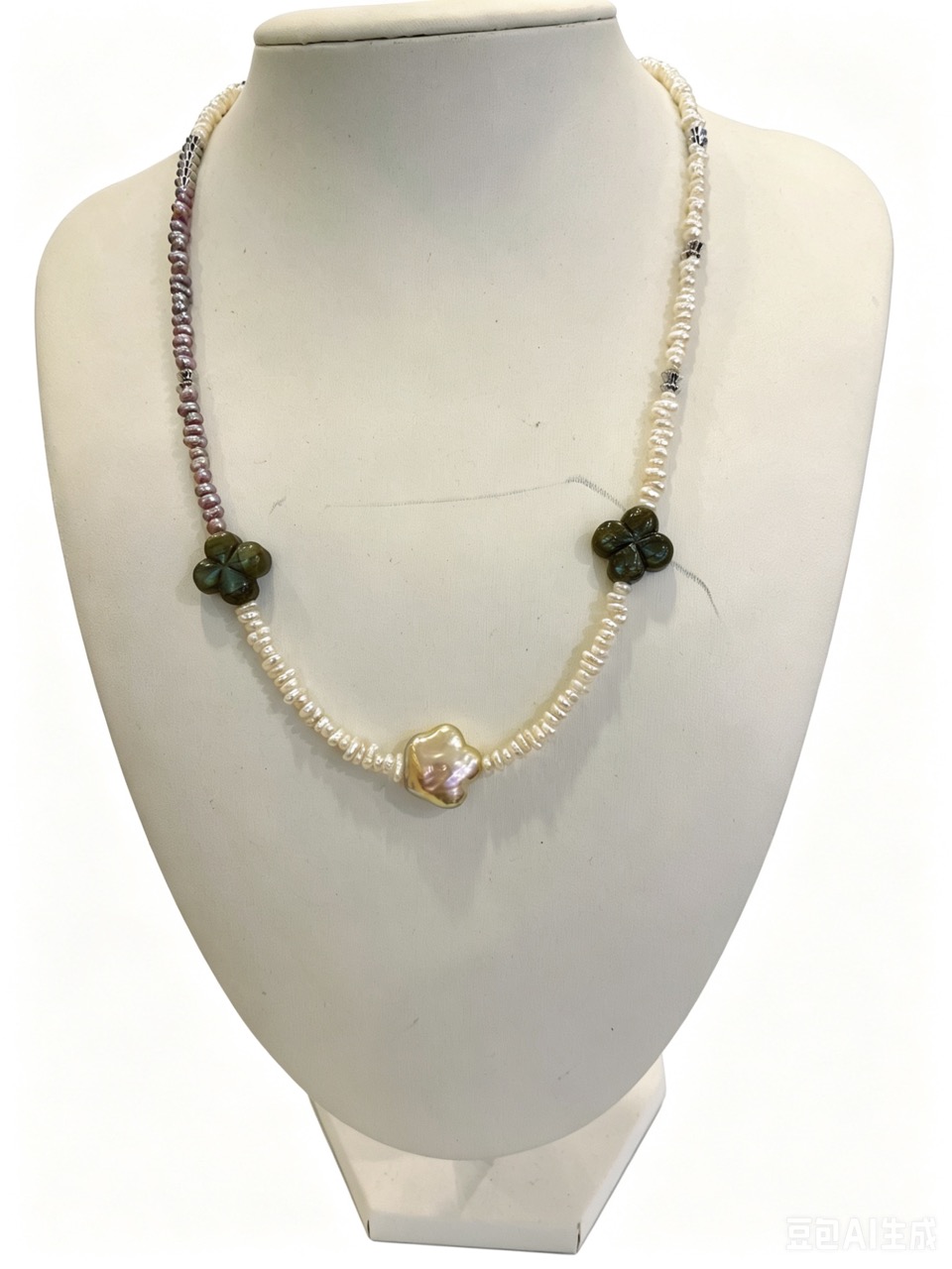 Star & Clover with Dew Pearls-- Handmade White Mini Baroque Pearl Necklace with Star Pendant & Labradorite Clovers-Yasvitti Pearl Jewelry