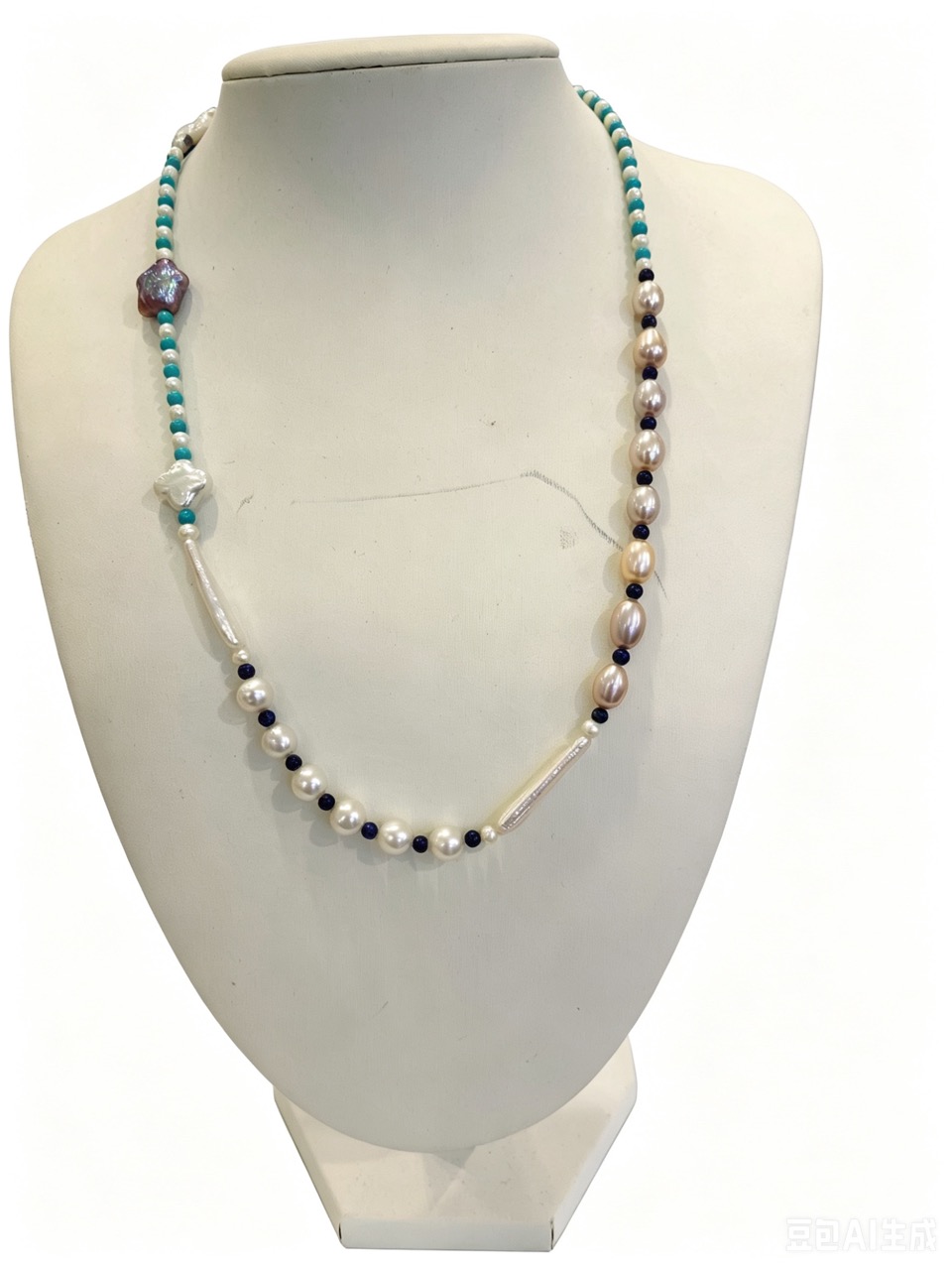 Golden-Pink Pearls & Blue Waves--Handmade AAAAA+ quality 6*8mm  Golden-Pink Pearl Necklace with Lapis & Turquoise