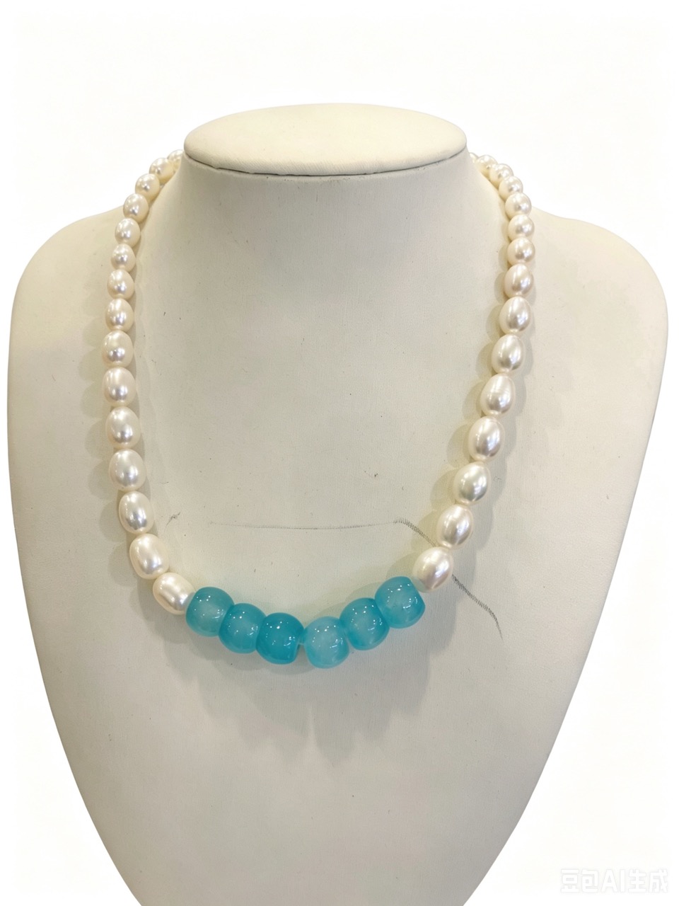 Ocean Moon & Pearls--Handmade Pearl Necklace with Aquamarine Center