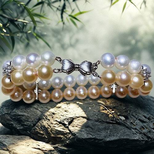 Butterfly Shadow & Sunset Halo--Handmade AAAAA+ Double-Strand Pearl Bracelet with Zircon Silver Accents & Butterfly Silver Clasp-Yasvitti Pearl Jewelry