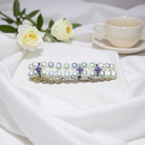 Purple Halo & Twin Pearls--Handmade AAAA+ Handmade Double-Strand Pearl Bracelet with Purple Zircon Silver Accents-Yasvitti Pearl Jewelry