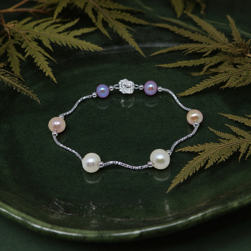 Tri-Color Halo Pearl Platinum Plated Bracelet--AAAAA+ Three-Tone Pearl Bracelet 