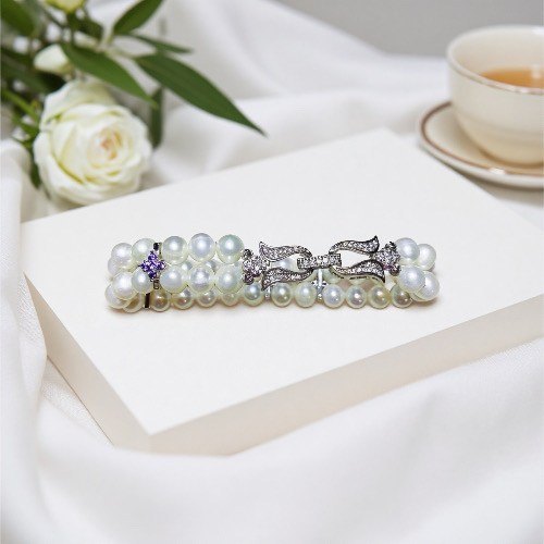 Purple Halo & Twin Pearls--Handmade AAAA+ Handmade Double-Strand Pearl Bracelet with Purple Zircon Silver Accents-Yasvitti Pearl Jewelry