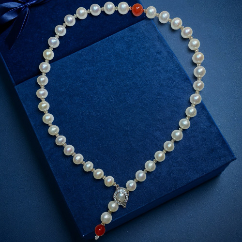Red Agate & Moon Pearls--Handmade White Pearl Jewelry Set with Red Agate Center Accent-Yasvitti Pearl Jewelry