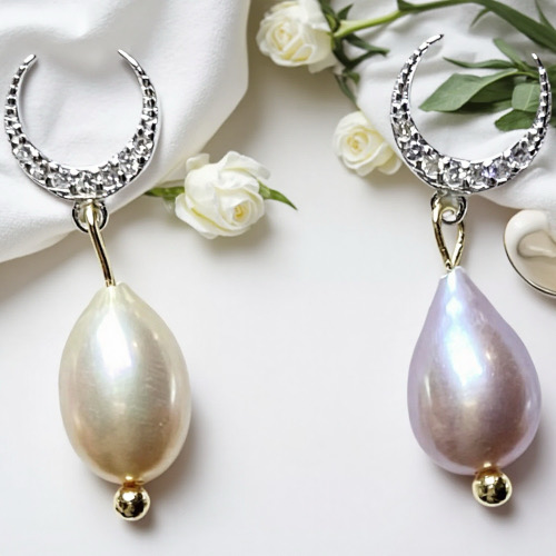 Dual-Tone Moonlight Pearls--AAAAAA+ Dual-Tone Pearl Stud Earrings with Crescent Moon shape| Handmade Jewelry