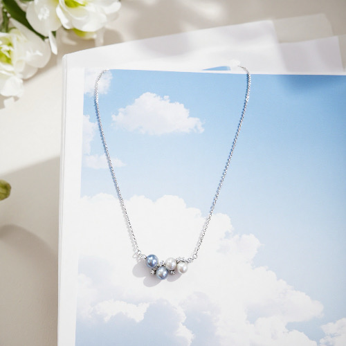 Ocean Blue Moon Madama Pearl Necklace-Handmade Japanese Madama Pearl 925 Silver Necklace with Zircon Accents-Yasvitti Pearl Jewelry