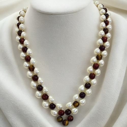 Tiger’s Eye with Pearl Glow---Handmade White Pearl Necklace with Tiger’s Eye Accents-Yasvitti Pearl Jewelry