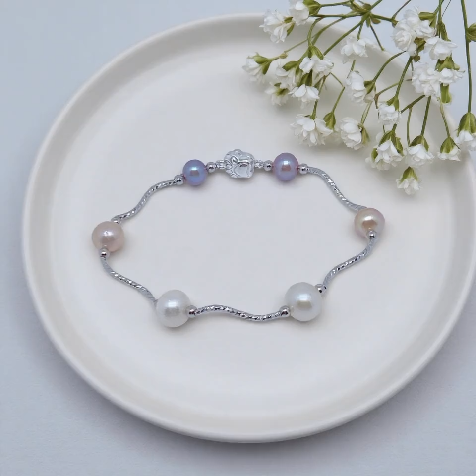 Tri-Color Halo Pearl Platinum Plated Bracelet--AAAAA+ Three-Tone Pearl Bracelet 