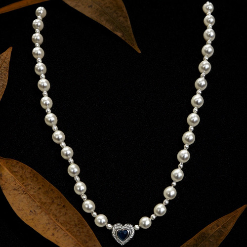 Ocean Heart Pearl Tide--AAAAA+ quality 7mm Natural freshwater pearl necklace with a silver-set aquamarine heart pendant-Yasvitti Pearl Jewelry