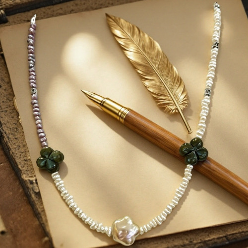 Star & Clover with Dew Pearls-- Handmade White Mini Baroque Pearl Necklace with Star Pendant & Labradorite Clovers-Yasvitti Pearl Jewelry