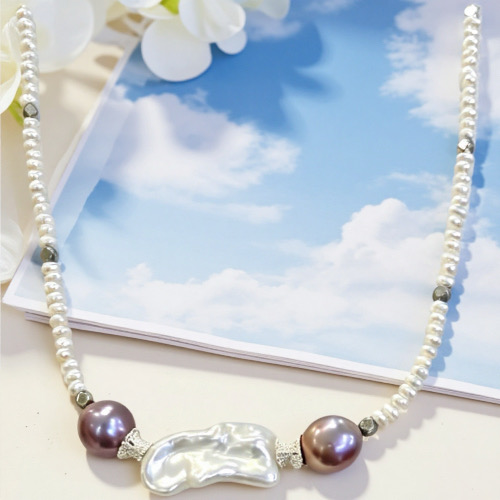 Moon Halo & Purple Haze - Handmade White & Purple Baroque Pearl Necklace