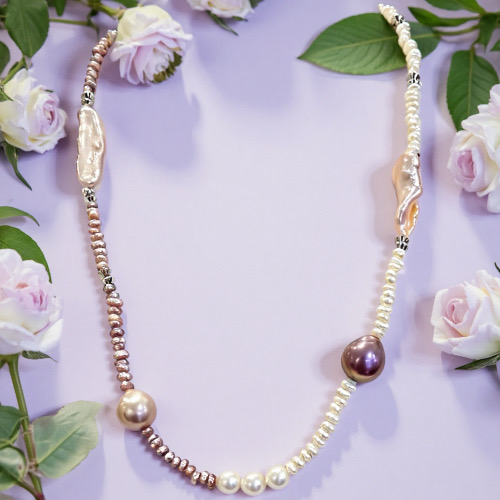 Twin Rainbows & Moon Pearls-- Handmade Half-White Half-Purple Baroque Pearl Necklace