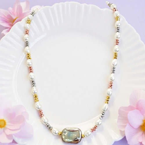 Green Halo & Moonlight Pearls--Handmade White Pearl Necklace with Green Iridescent Baroque -Yasvitti Pearl Jewelry