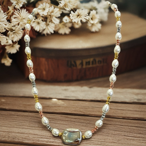 Green Halo & Moonlight Pearls--Handmade White Pearl Necklace with Green Iridescent Baroque -Yasvitti Pearl Jewelry