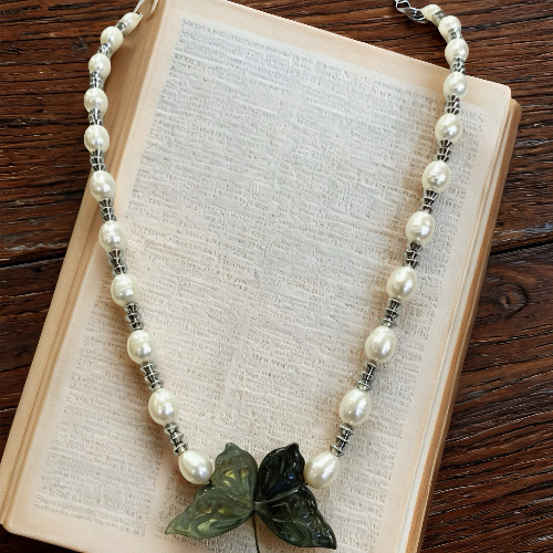 Butterfly’s Glimmer & Pearls-- AAAAA+ 6*8mm Natural freshwater pearl necklace with 21*37 butterfly labradorite-Yasvitti Pearl Jewelry