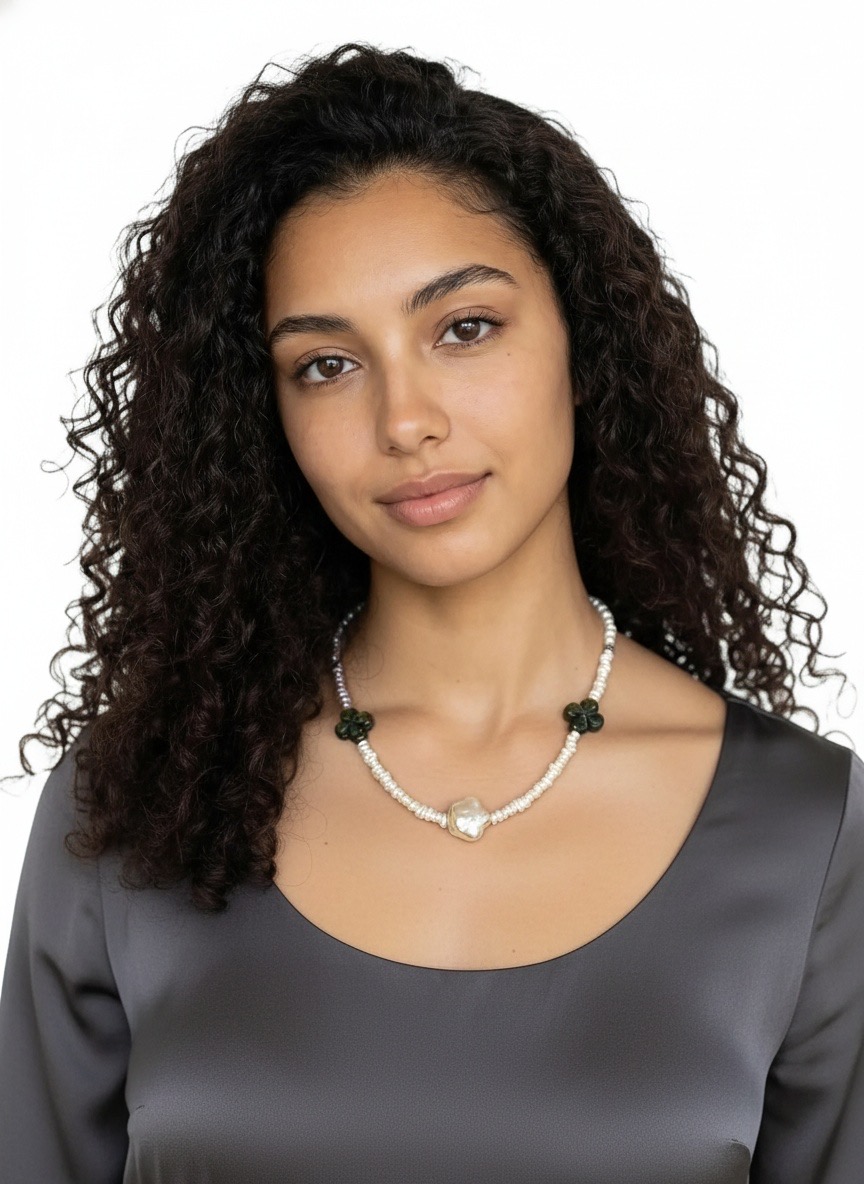 Star & Clover with Dew Pearls-- Handmade White Mini Baroque Pearl Necklace with Star Pendant & Labradorite Clovers-Yasvitti Pearl Jewelry