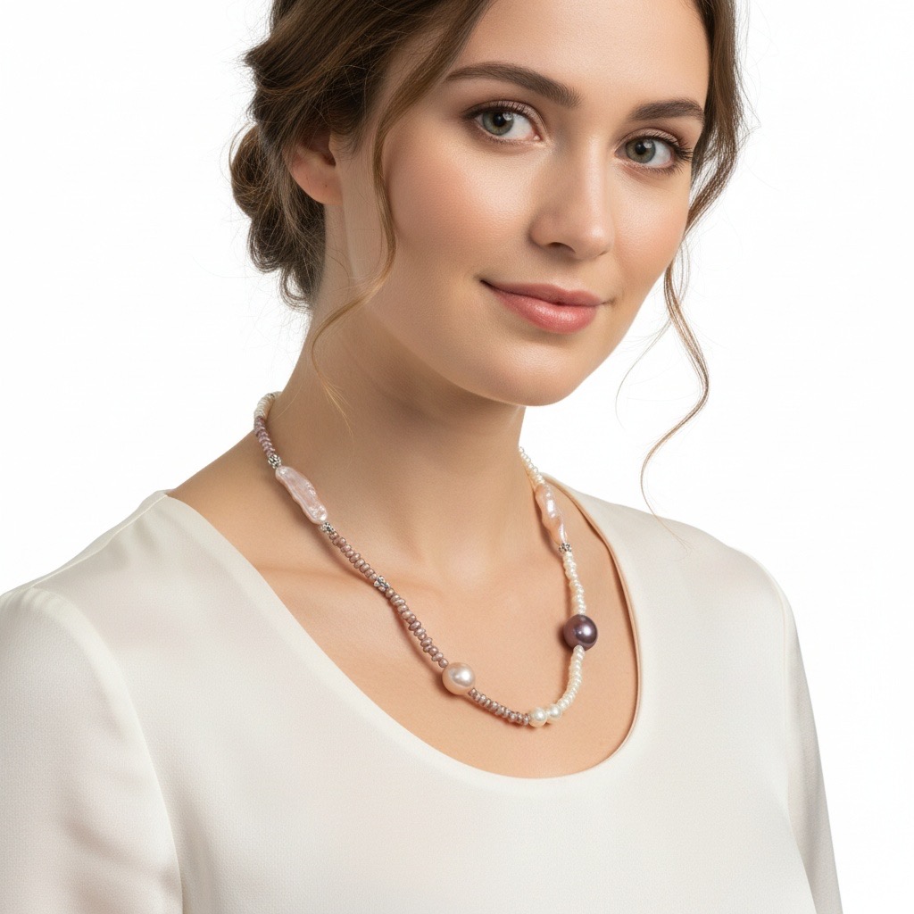 Twin Rainbows & Moon Pearls-- Handmade Half-White Half-Purple Baroque Pearl Necklace