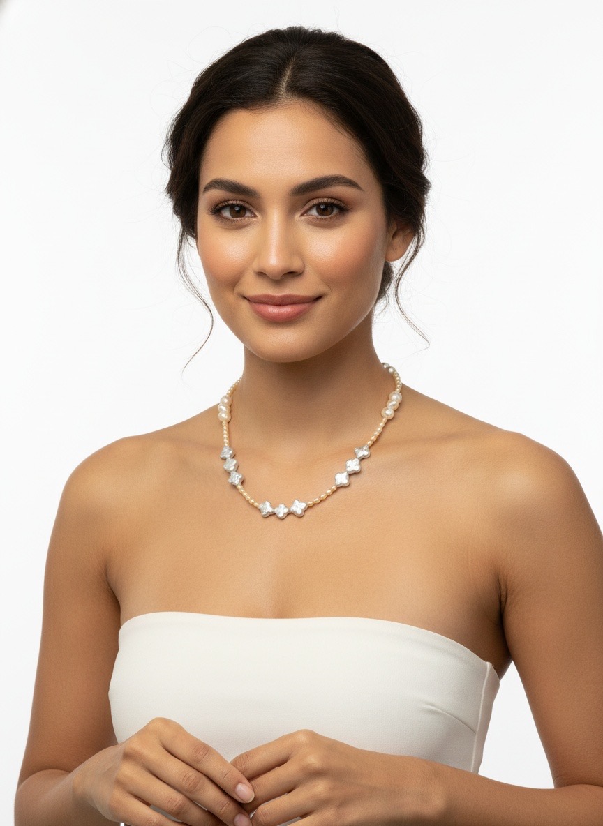 Nine-Leaf Flower Chimes--Handmade Pink-Gold Baroque Pearl Necklace with Nine Four-Leaf Clovers