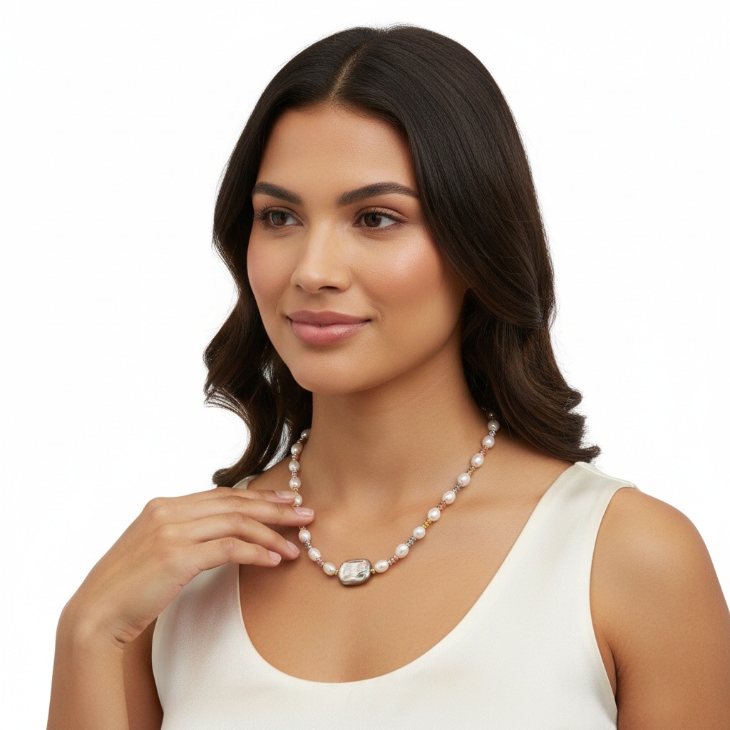 Green Halo & Moonlight Pearls--Handmade White Pearl Necklace with Green Iridescent Baroque -Yasvitti Pearl Jewelry